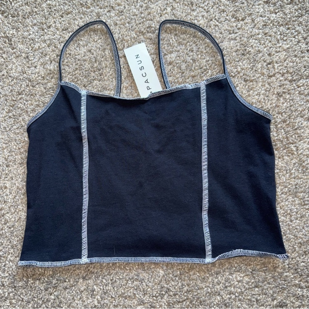 NWT! PacSun - PacCares Peaceful Black Cropped Tank Top White Stitching - Medium